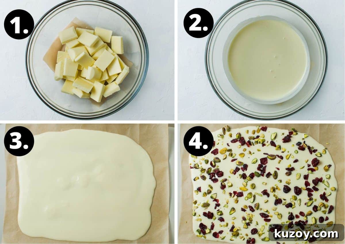 Cranberry Pistachio Chocolate Bark Recipe for Holiday Gifts 4 The four steps required to make this recipe - chocolate pieces in a bowl, the melted chocolate in a bowl, spreading the chocolate out on baking paper, and decorating with the pistachio and cranberry.