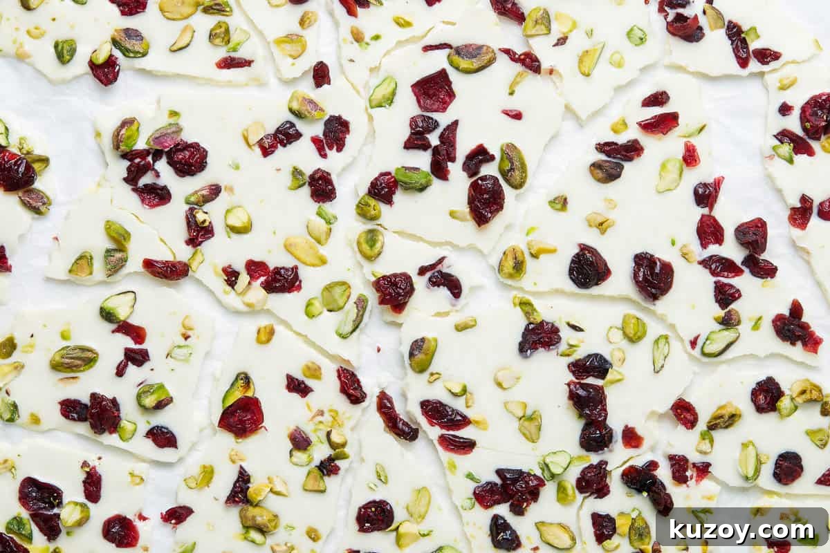 Cranberry Pistachio Chocolate Bark Recipe for Holiday Gifts 5 up close shot of choc bark.