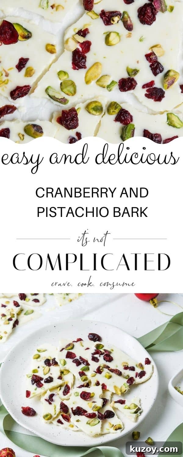 Cranberry Pistachio Chocolate Bark Recipe for Holiday Gifts 8 Pinterest image with photos of recipe top and bottom and text overlay in the centre.