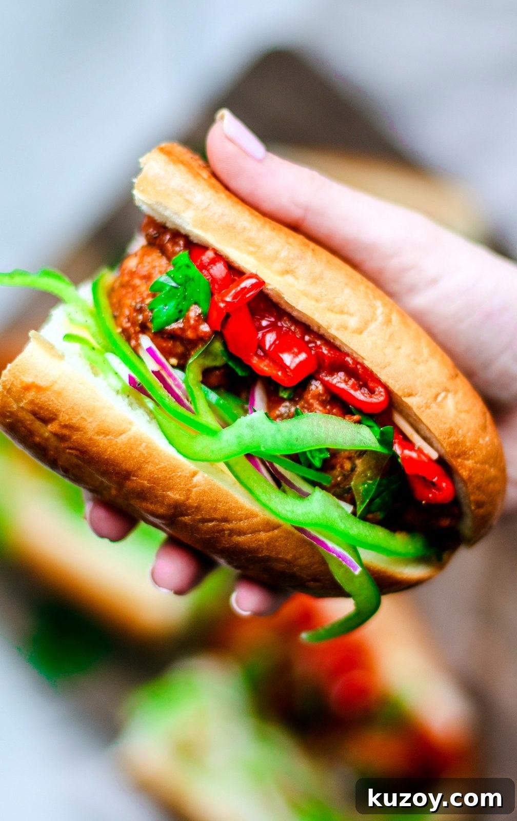 Hand holding up loaded meatball sub.