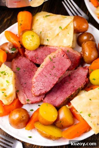 A plate of homemade Instant Pot corned beef and beggies.
