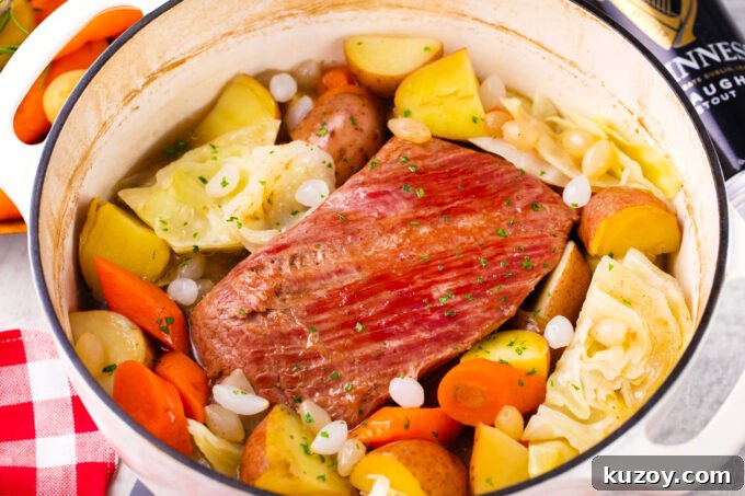 Dutch Oven Corned Beef Braised in Guinness 8 Dutch oven corned beef with beer and veggies.