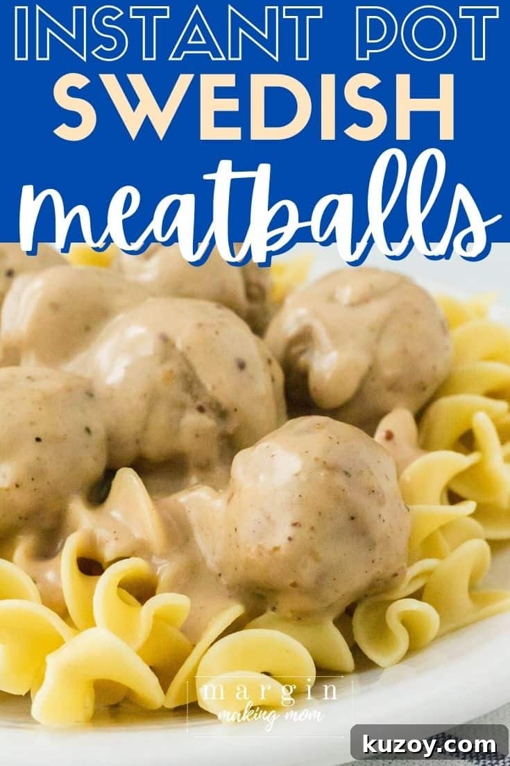 Instant Pot Swedish Meatballs Recipe: Creamy Sauce in 30 Minutes 2 close-up view of egg noodles topped with Instant Pot swedish meatballs, served on a white plate
