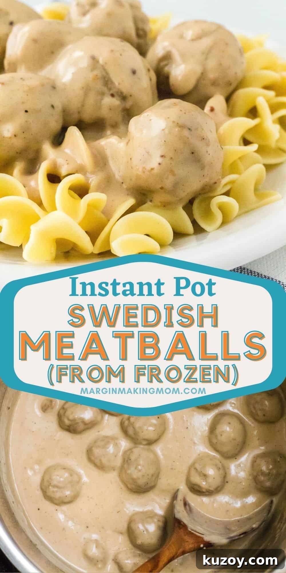 Instant Pot Swedish Meatballs Recipe: Creamy Sauce in 30 Minutes 12 collage image of two photos--one of the Instant Pot filled with Swedish meatballs, the other of the meatballs and sauce served on egg noodles.