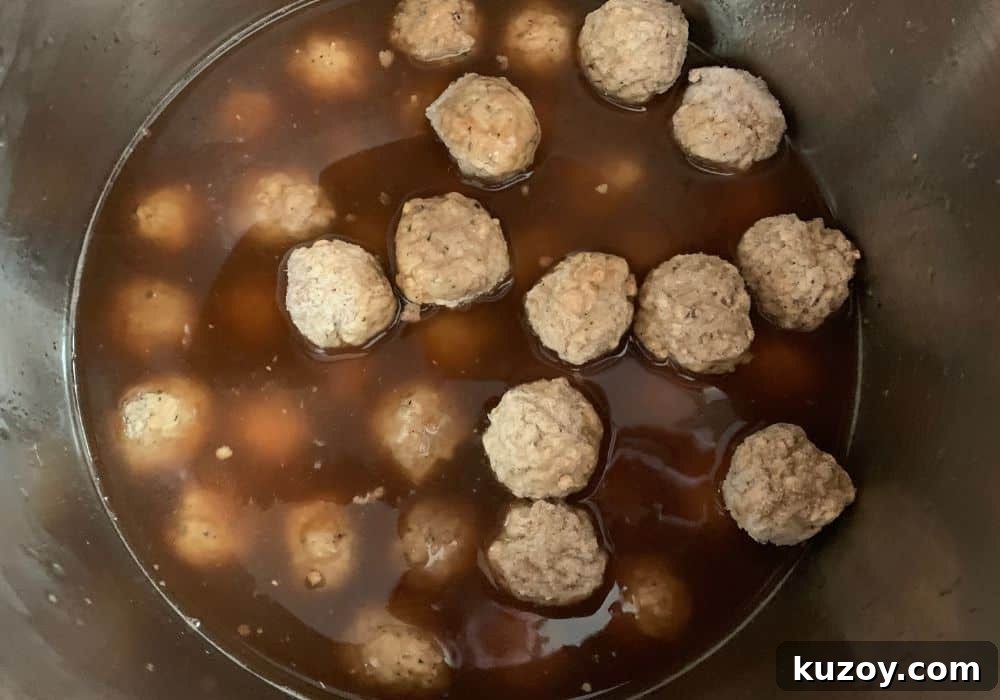 Instant Pot Swedish Meatballs Recipe: Creamy Sauce in 30 Minutes 5 frozen meatballs along with broth and other ingredients for making swedish meatballs in the pressure cooker