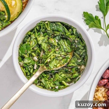 A bowl of cilantro chimichurri between two grain bowls with black beans, steak, and quinoa.