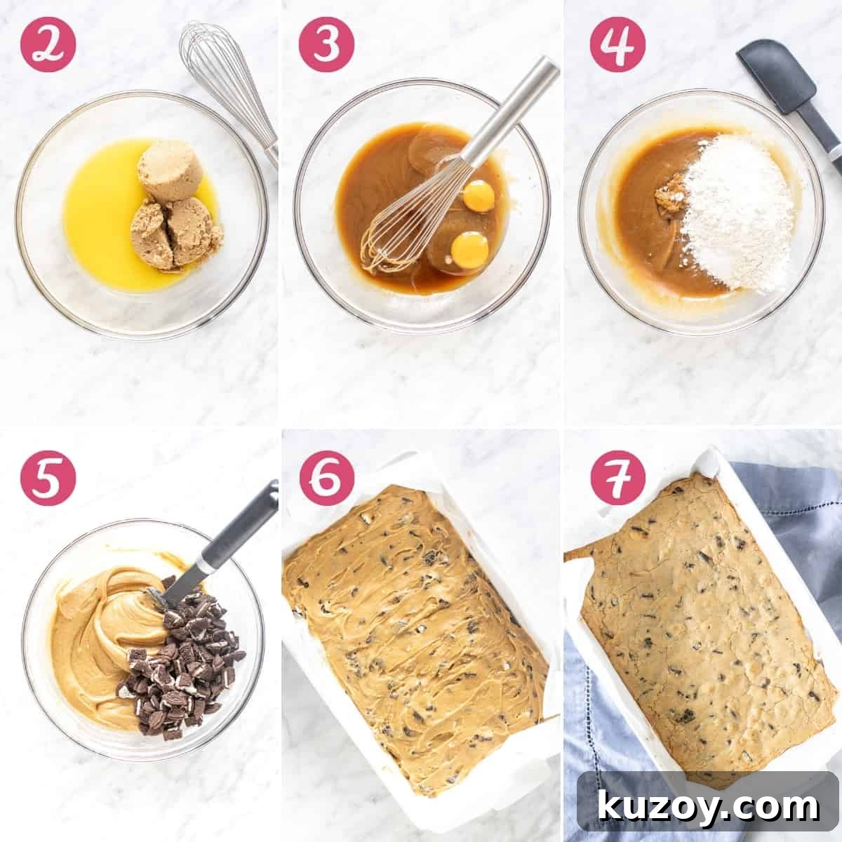 Oreo Blondies Recipe: Chewy Oreo-Stuffed Blondie Bars 5 Collage of step by step photos of making cookies and cream blondies