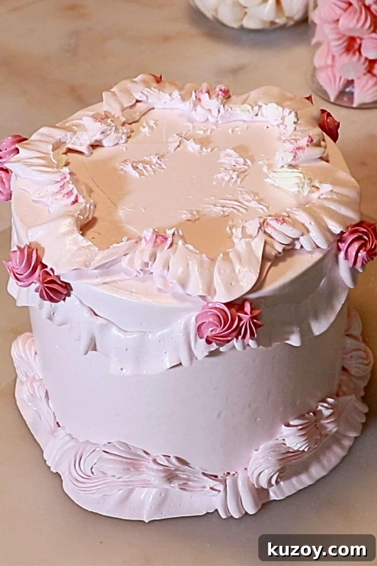 Vintage Pink Cake Ideas for Elegant Party Desserts 26 cleaned off buttercream decoration on top with a scissor