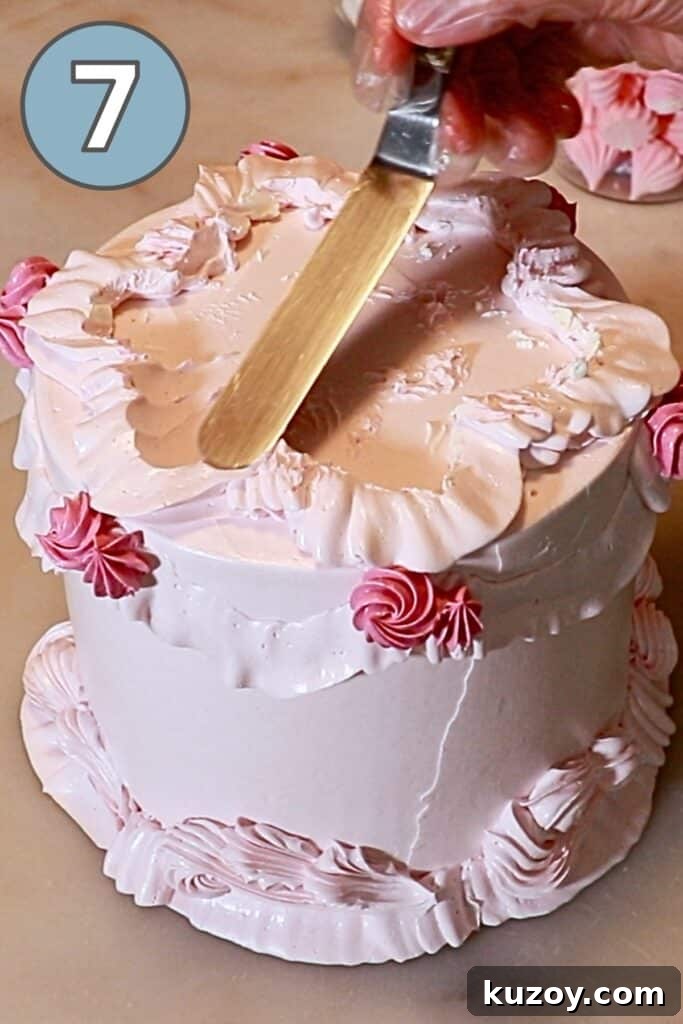 Vintage Pink Cake Ideas for Elegant Party Desserts 27 creating patterns on top of the buttercream cake using a cake spatula