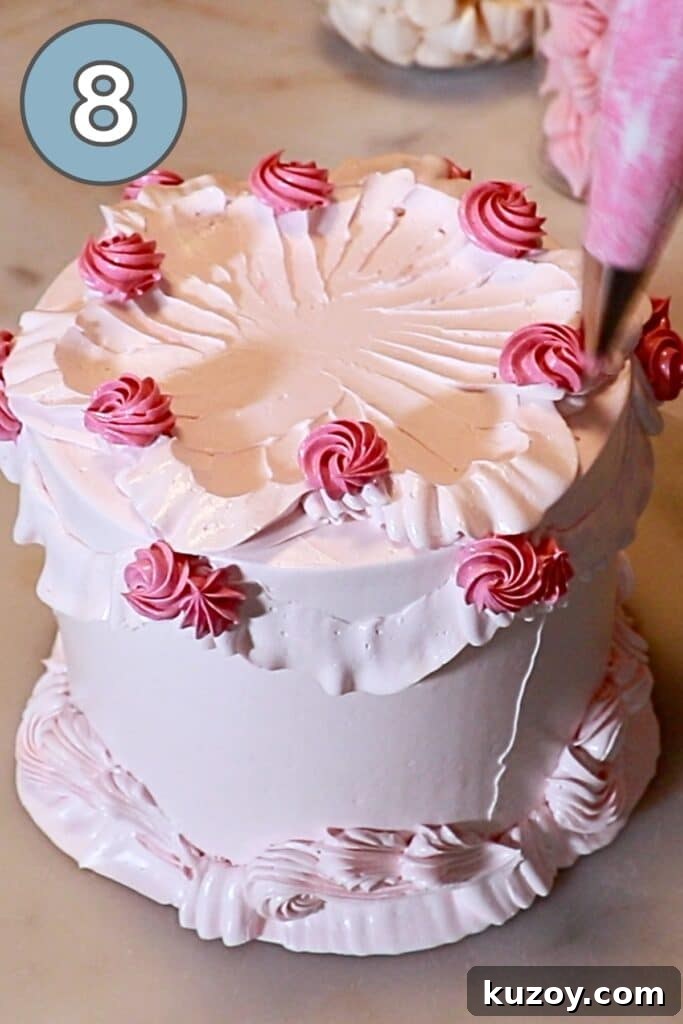 Vintage Pink Cake Ideas for Elegant Party Desserts 29 piping pink flowers on top and side of the buttercream cake