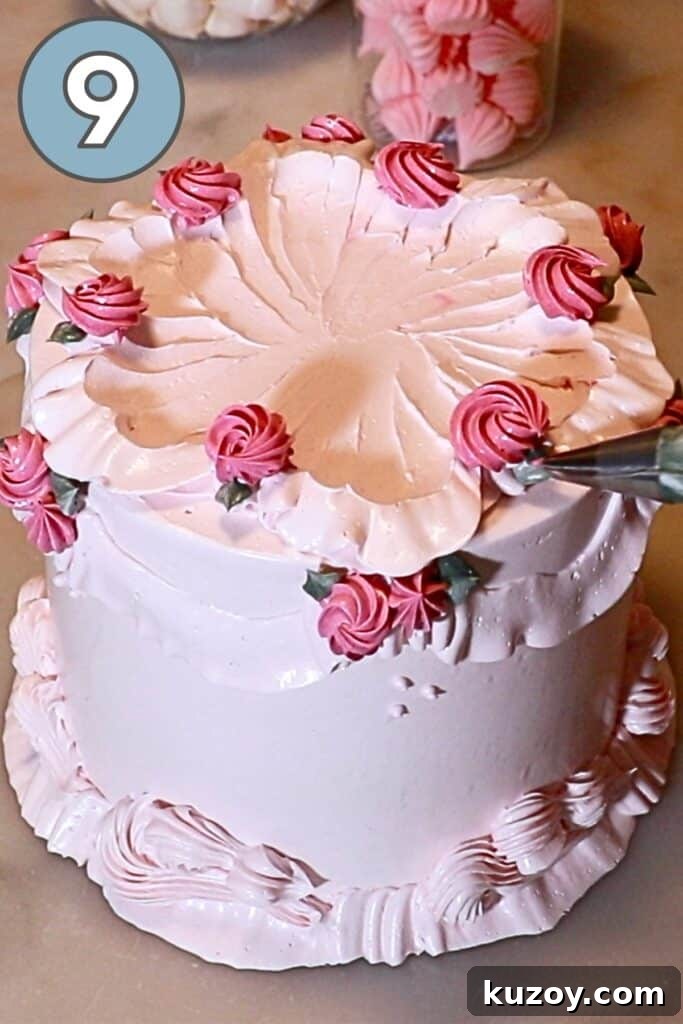 Vintage Pink Cake Ideas for Elegant Party Desserts 30 piping green leave on top and side of the buttercream cake