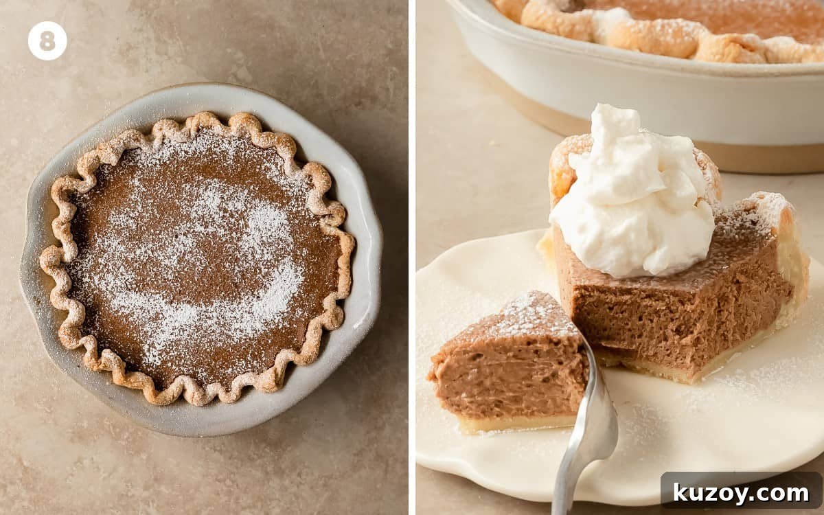Finished pie topped with powdered sugar and whipped cream.