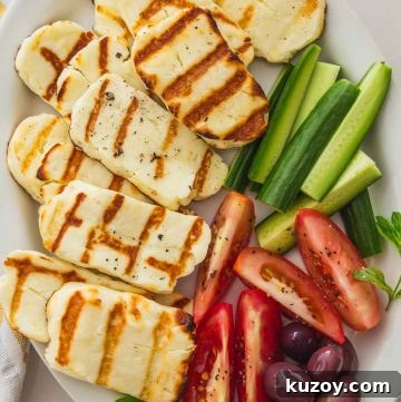 How to Grill Halloumi Perfectly for Crispy, Squeaky Cheese 6 Grilled halloumi on a plate with sliced cucumber, tomatoes, and olives