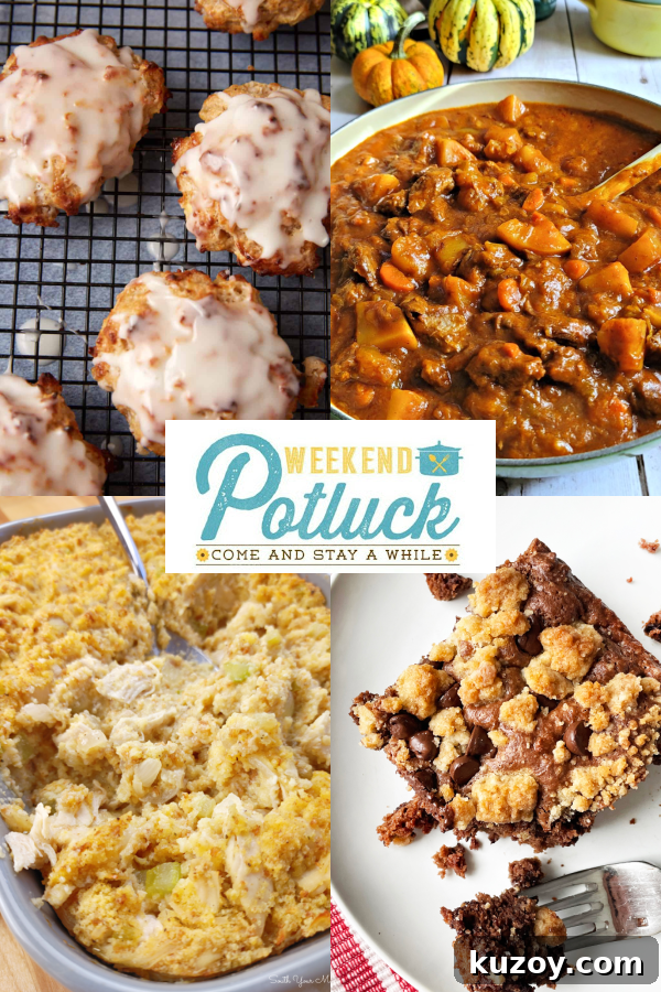 Weekend Potluck Baked Apple Fritters Recipe 2 Collage showing Baked Apple Fritters with Double Glaze, Autumn Harvest Beef Stew, Chocolate Coffee Cake and Chicken & Dressing Casserole.
