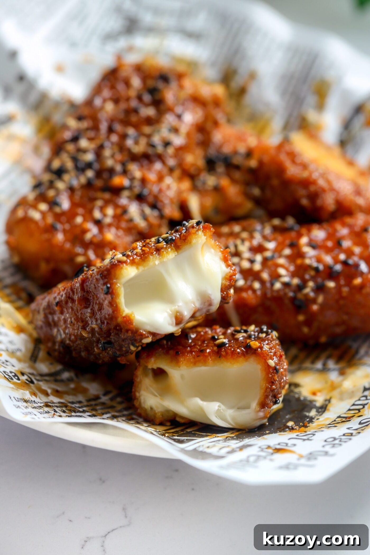 Crispy Spicy Mozzarella Sticks with Zesty Marinara Dip 2 cheese deep fried mozzarella sticked with a spicy Japanese inspired sauce