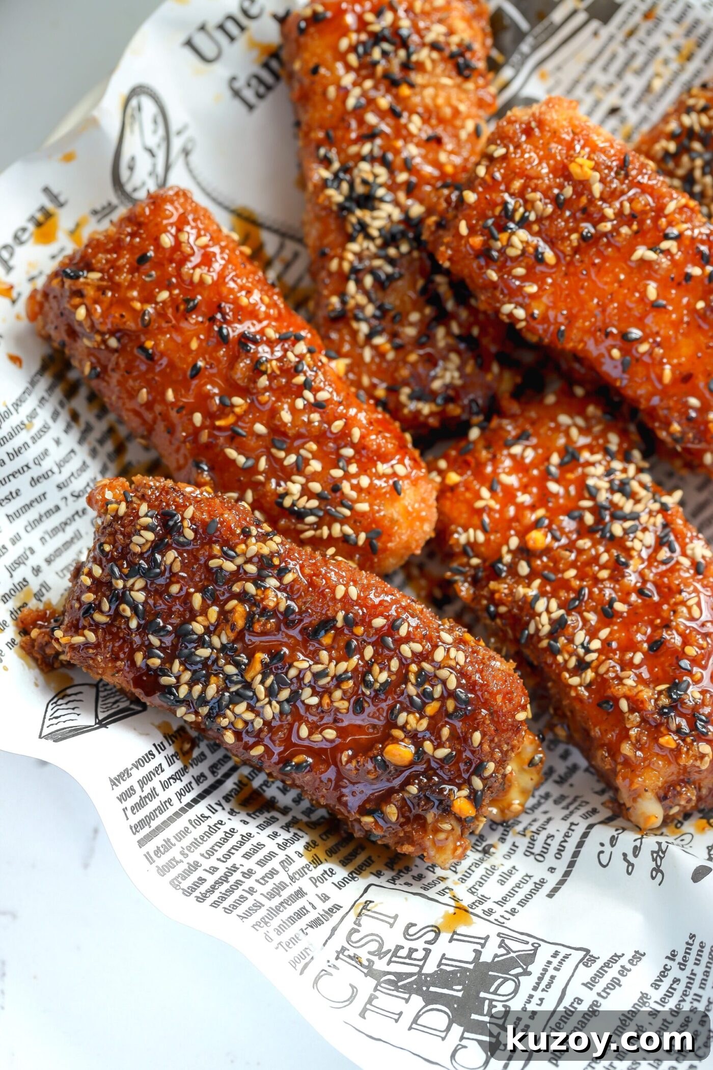 Crispy Spicy Mozzarella Sticks with Zesty Marinara Dip 3 cheese deep fried mozzarella sticked with a spicy Japanese inspired sauce