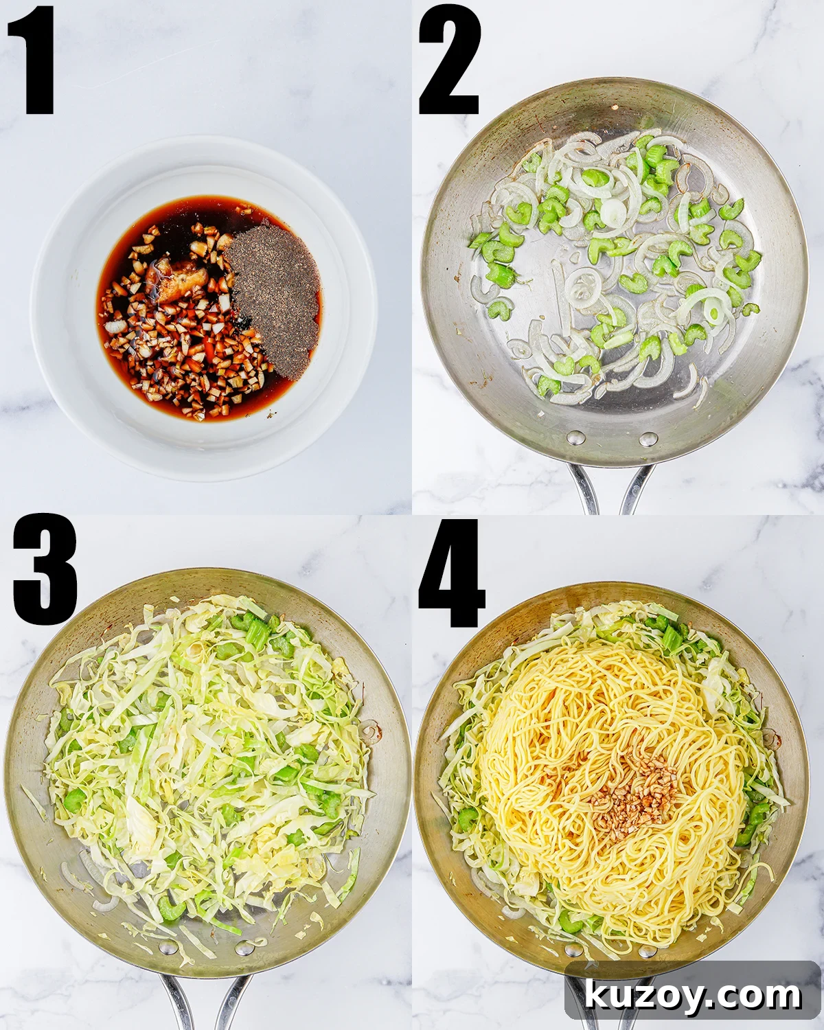 Panda Express Chow Mein Recipe: Copycat Version for Home Cooking 5 A four photo collage showing the steps to make copycat Panda Express chow mein.