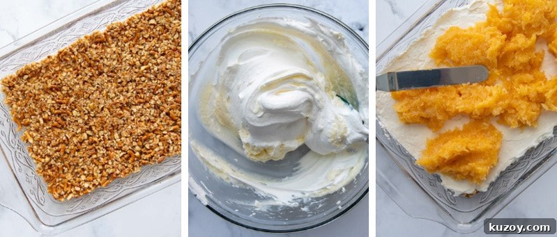 Creamy Pineapple Pretzel Salad Recipe with Crunchy Crust 3 images showing how to make pineapple pretzel salad