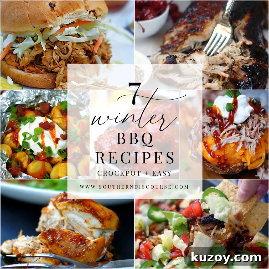 7 winter BBQ dishes you can enjoy right now.  Easy kitchen or crock pot recipes that whip up delicious BBQ recipes you can enjoy all year long.