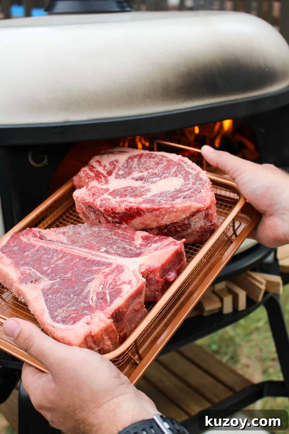 two steaks in a wire basket held by a pizza oven