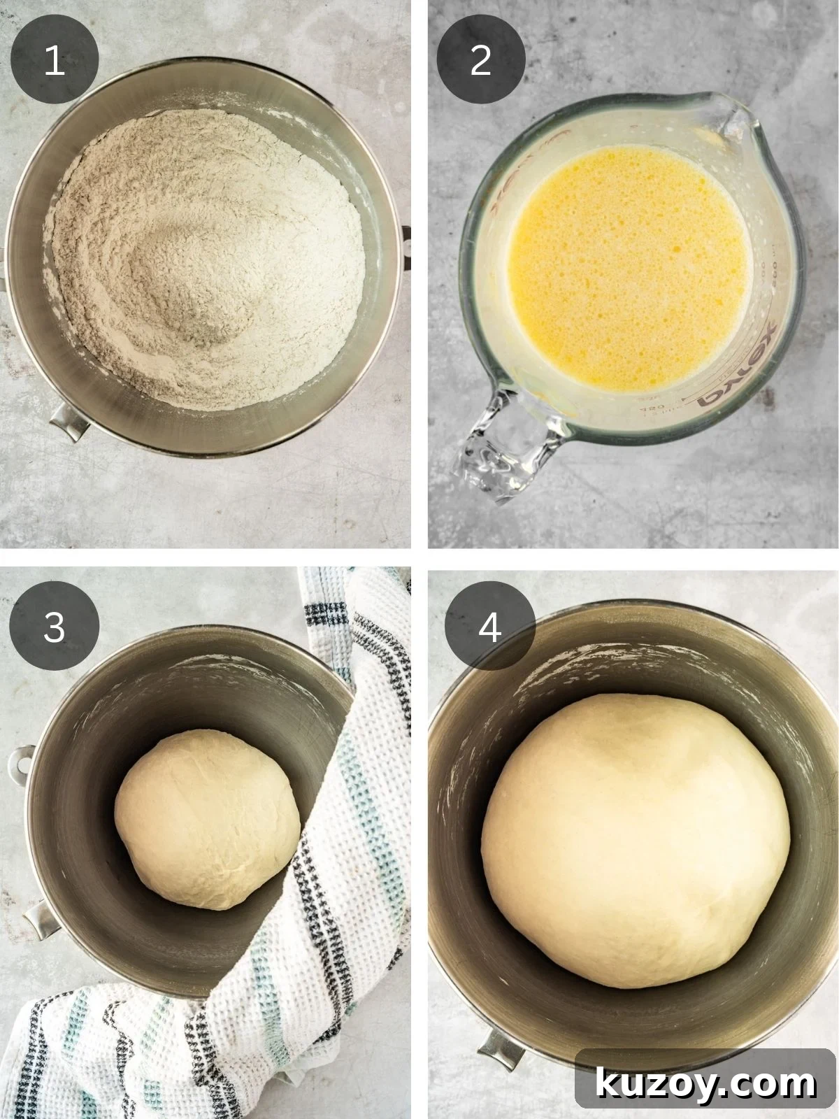 Soft, Buttery Double-Crust Dinner Rolls 5 Recipe steps showing the kneading of the dough and the first rise.