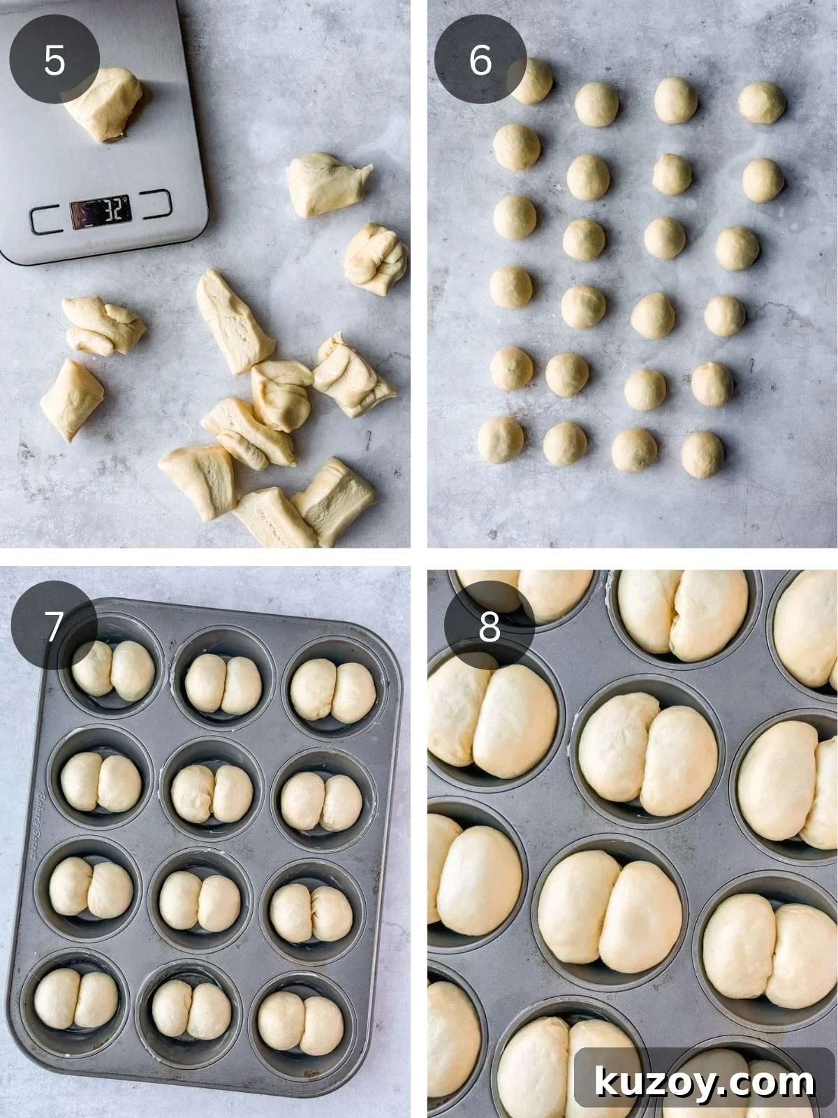 Soft, Buttery Double-Crust Dinner Rolls 6 Recipe steps showing the portioning of the dough, rolling the small balls and placing them into the muffin tins to rise a second time.