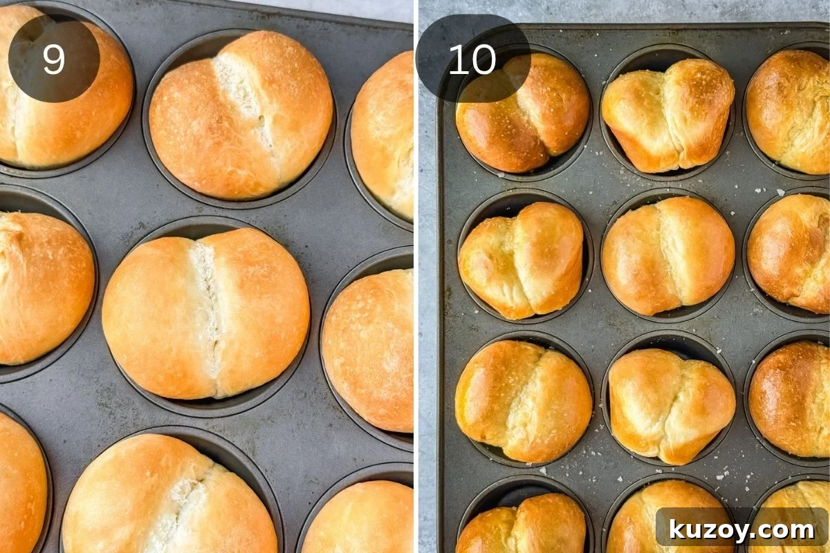 Soft, Buttery Double-Crust Dinner Rolls 7 Recipe steps showing the final bake and buttering up of the buns.