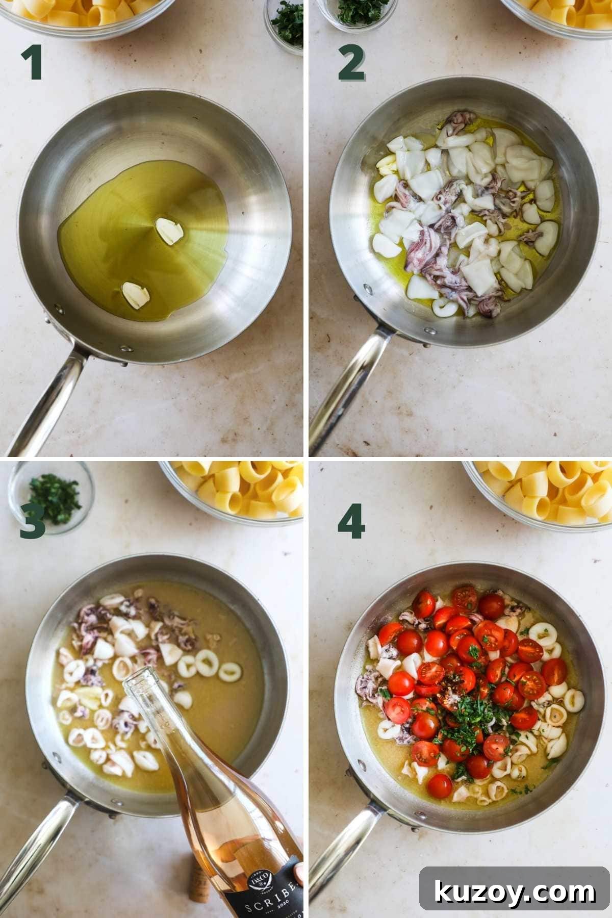 Step to make Calamarata pasta (calamari with tomato).