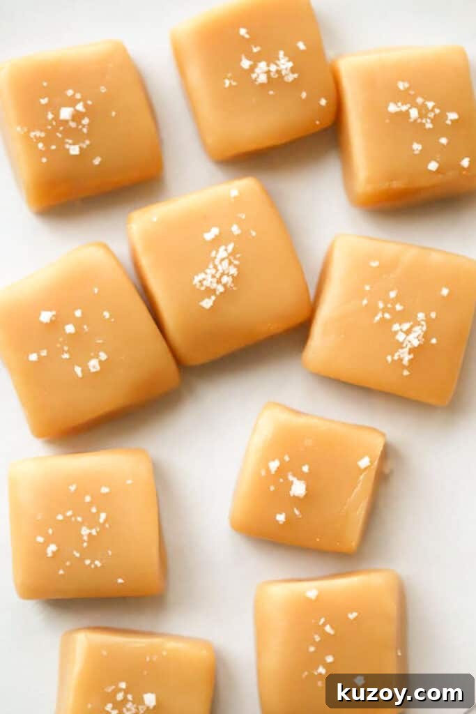 How to Make Classic Homemade Caramel Candy at Home 3 homemade caramel recipe with salted flakes on top.