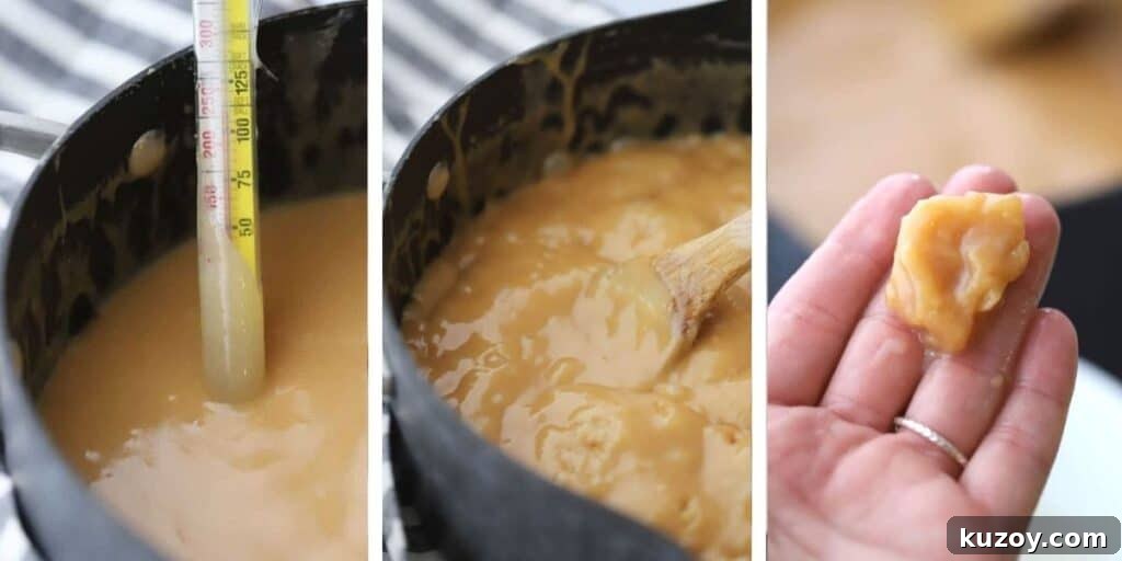How to Make Classic Homemade Caramel Candy at Home 4 homemade caramel recipe in a pot, with a rapid boil, and a hand using the cold water soft ball test.