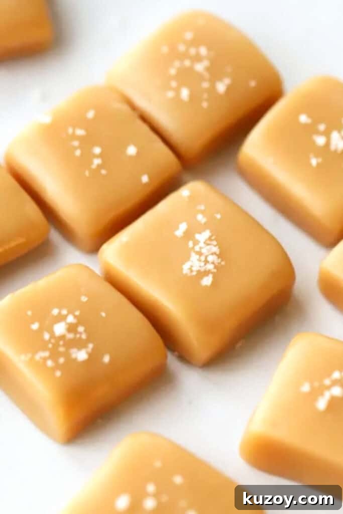 How to Make Classic Homemade Caramel Candy at Home 7 Small squares of this simple caramel recipe topped with flaky sea salt.