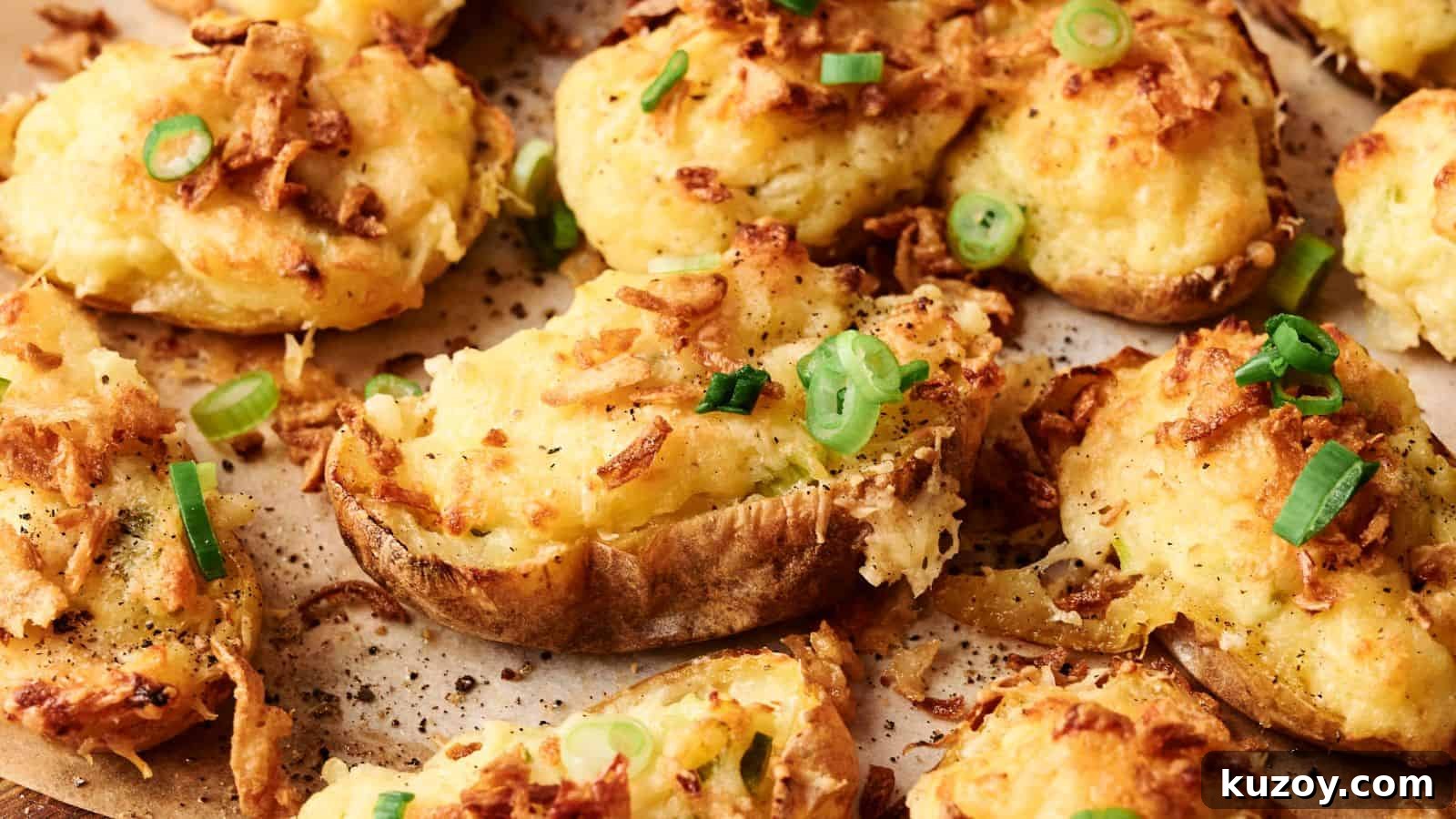 33 Must-Bring Thanksgiving Potluck Recipes for Every Year 17 Twice-baked potatoes topped with melted cheese and chopped green onions on a baking sheet.