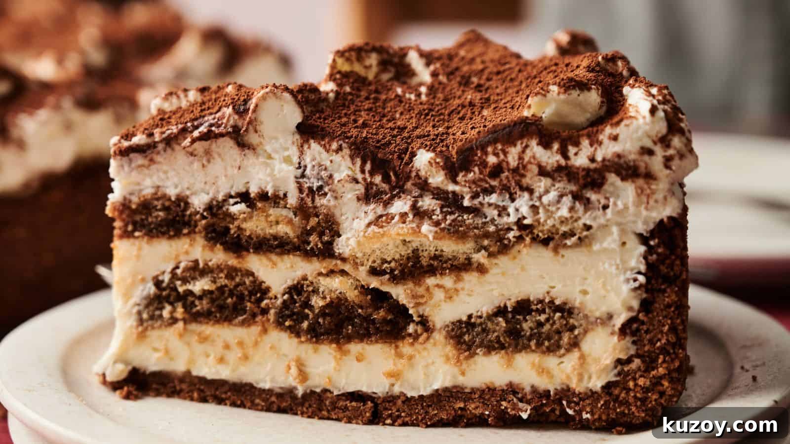 33 Must-Bring Thanksgiving Potluck Recipes for Every Year 20 A close-up of a slice of layered tiramisu cake with cream, coffee-soaked sponge, and dusted cocoa powder on top, served on a white plate.