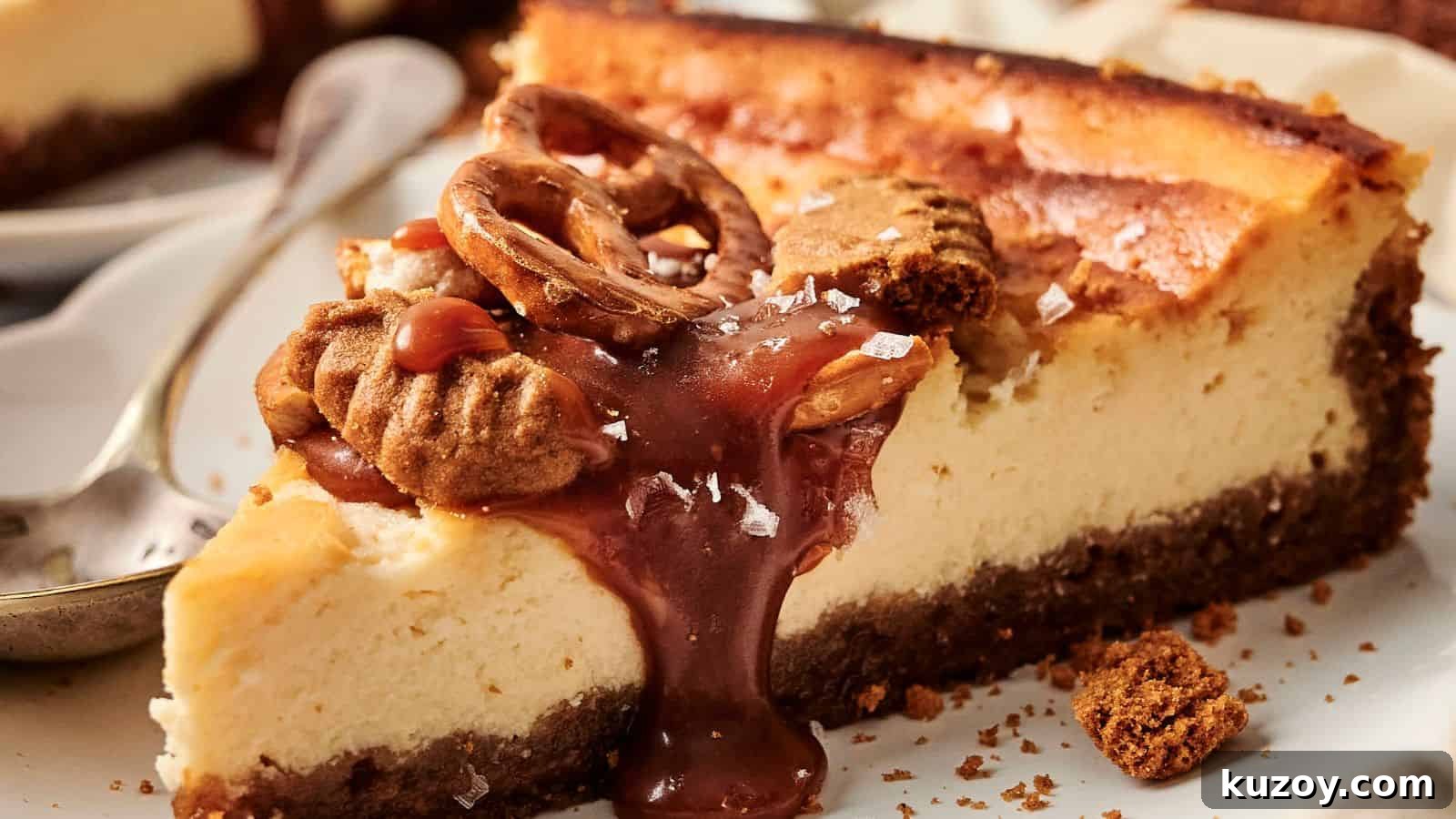 33 Must-Bring Thanksgiving Potluck Recipes for Every Year 23 Slice of cheesecake topped with caramel, pretzel, pecan, and sea salt on a plate, with a spoon beside it.