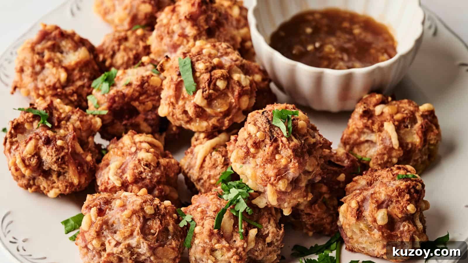 33 Must-Bring Thanksgiving Potluck Recipes for Every Year 27 Plate of crispy fried dumplings with chopped herbs, served with a bowl of brown dipping sauce.