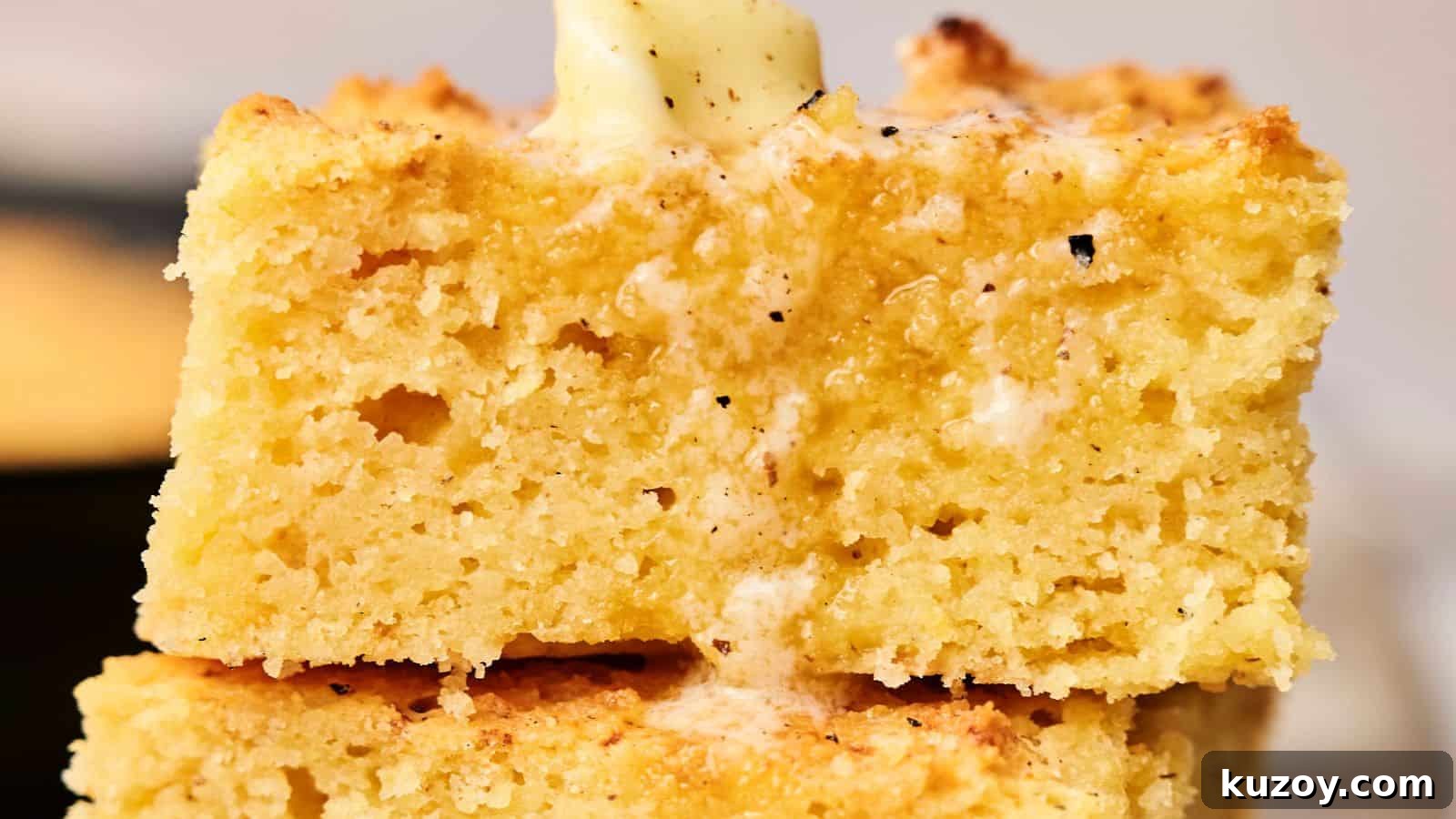 33 Must-Bring Thanksgiving Potluck Recipes for Every Year 30 Close-up of two stacked pieces of cornbread with melted butter on top, showcasing a golden-brown crust and moist, crumbly texture.