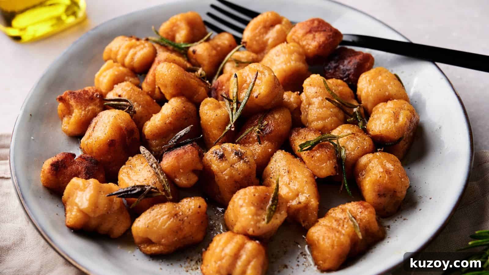 33 Must-Bring Thanksgiving Potluck Recipes for Every Year 34 A plate of golden-brown gnocchi garnished with rosemary, served with a black fork.