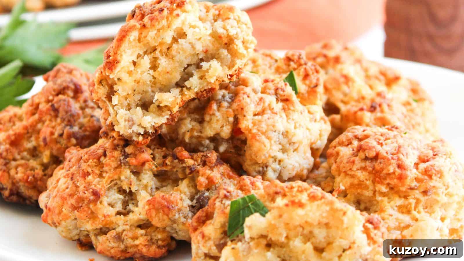 33 Must-Bring Thanksgiving Potluck Recipes for Every Year 5 A plate of golden-brown, cheesy sausage balls stacked on top of each other, with one ball partially broken to show the inside texture.