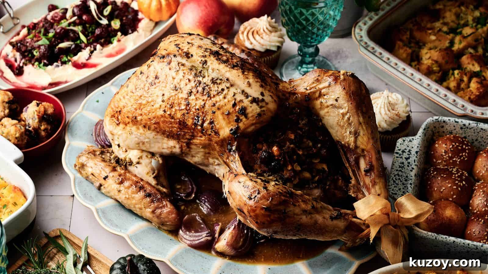 33 Must-Bring Thanksgiving Potluck Recipes for Every Year 6 A roasted turkey stuffed with vegetables is served on a platter, surrounded by various side dishes including rolls, salad, and stuffing.