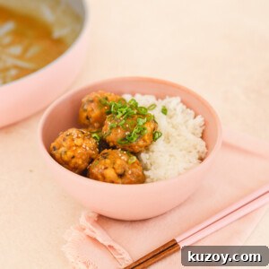 tofu meatballs in a pink bowl with rice