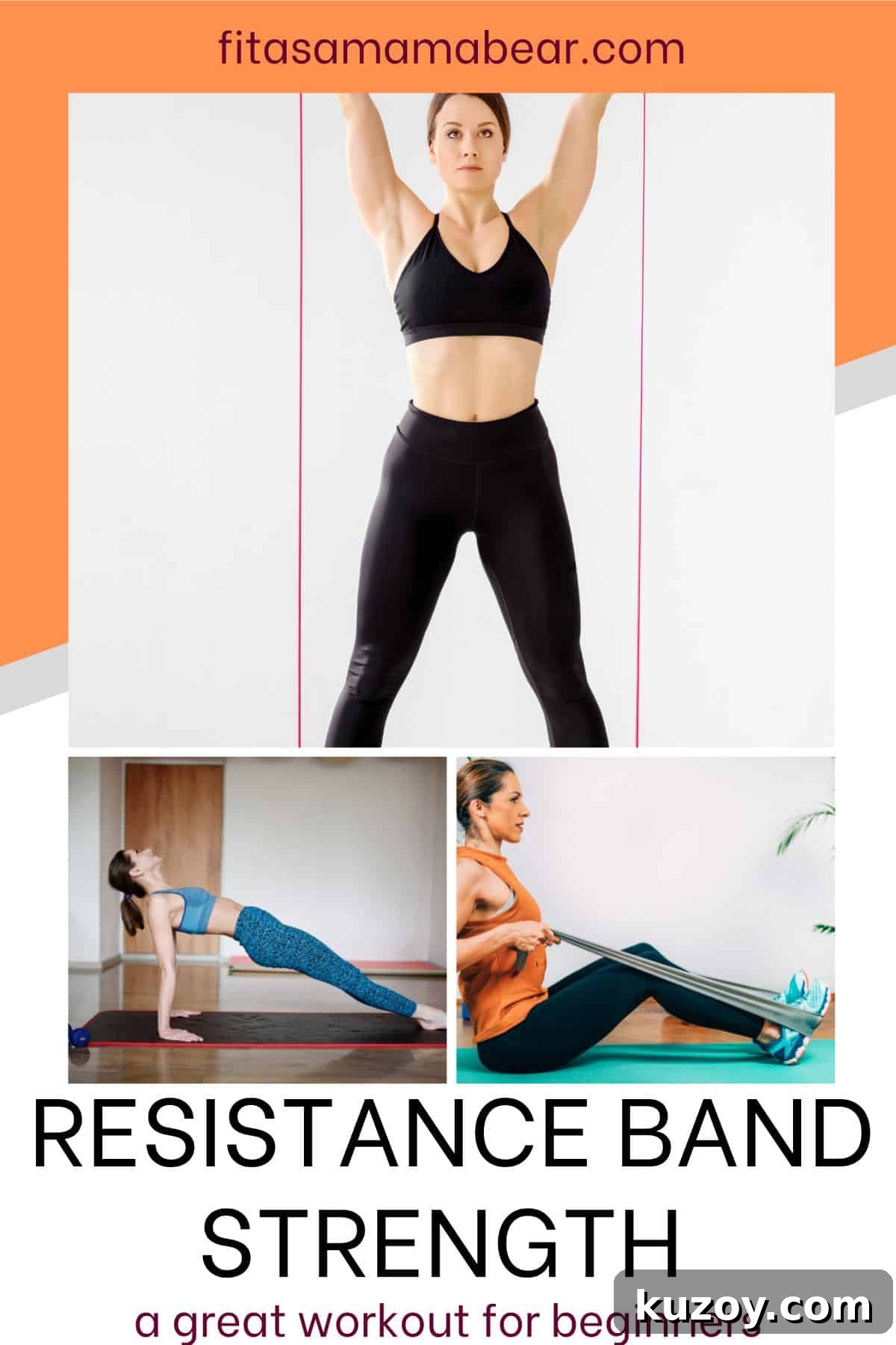 Three images of a woman working out in shorts at home with resistance bands and text on the image collage.