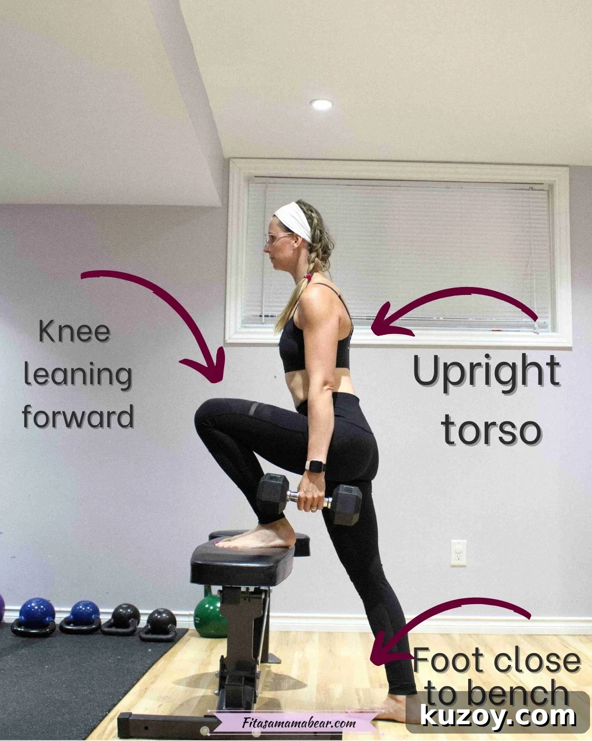 Woman about to perform a step up with one leg on a bench