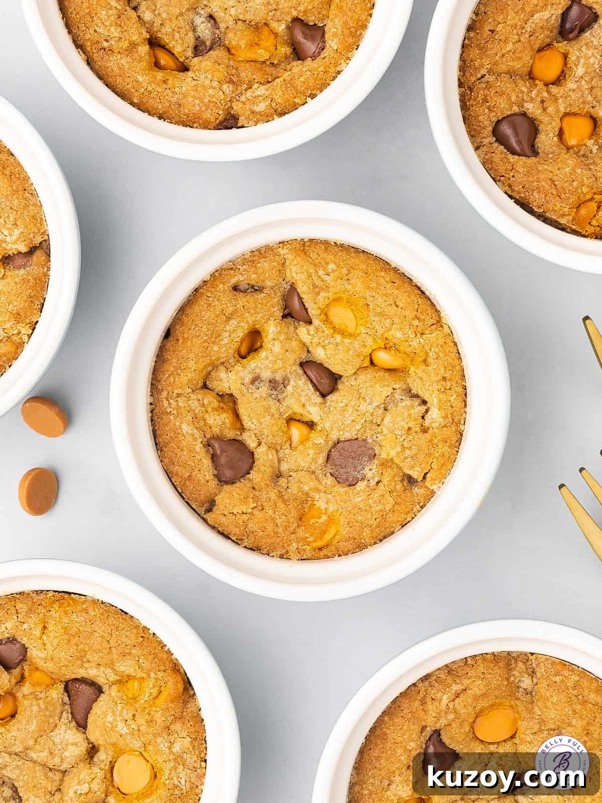 Giant Deep-Dish Chocolate Chip Cookie Recipe 3 overhead chocolate chip cookies baked in ramekins