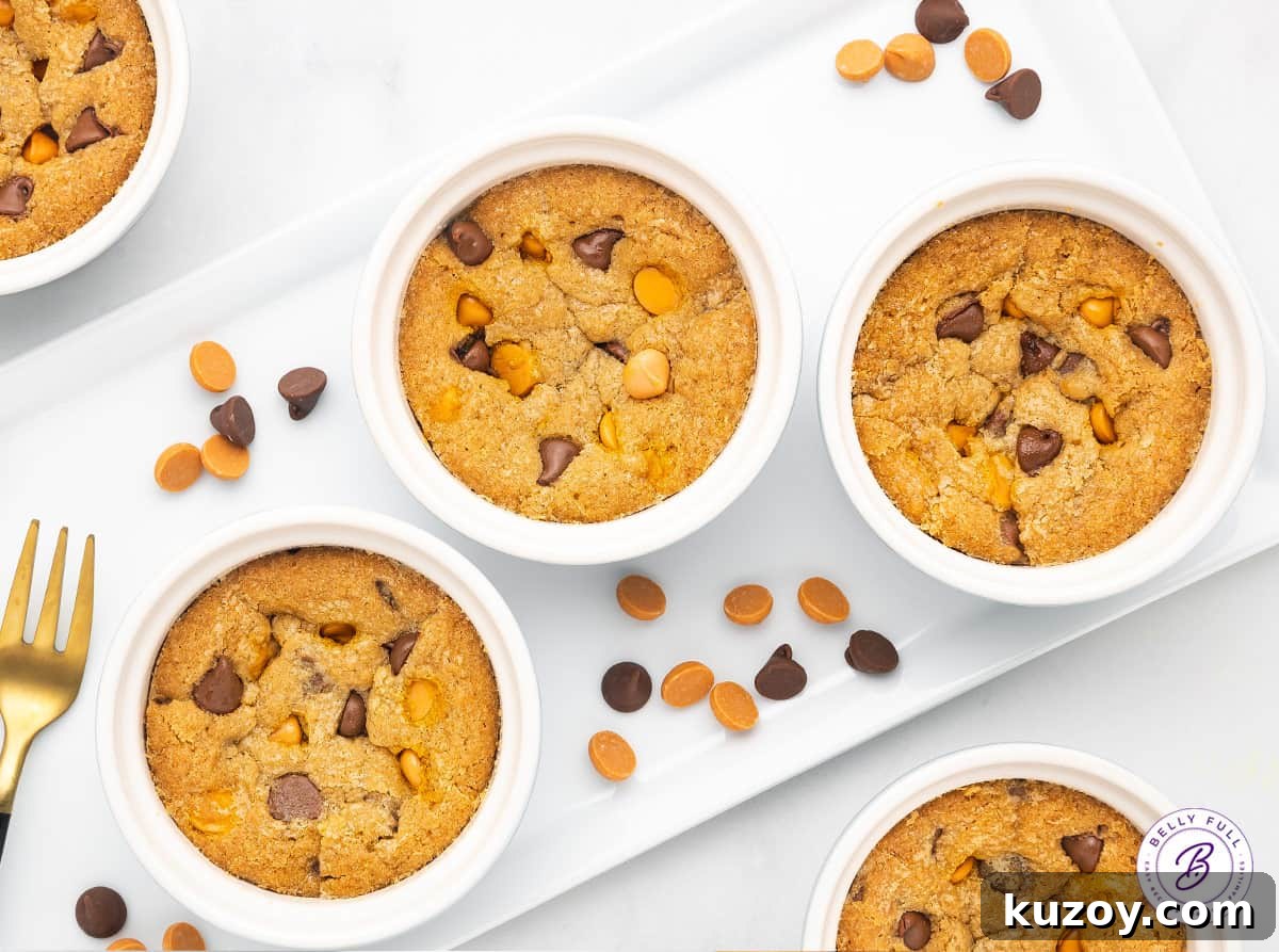 Giant Deep-Dish Chocolate Chip Cookie Recipe 4 baked chocolate chip cookies in ramekins