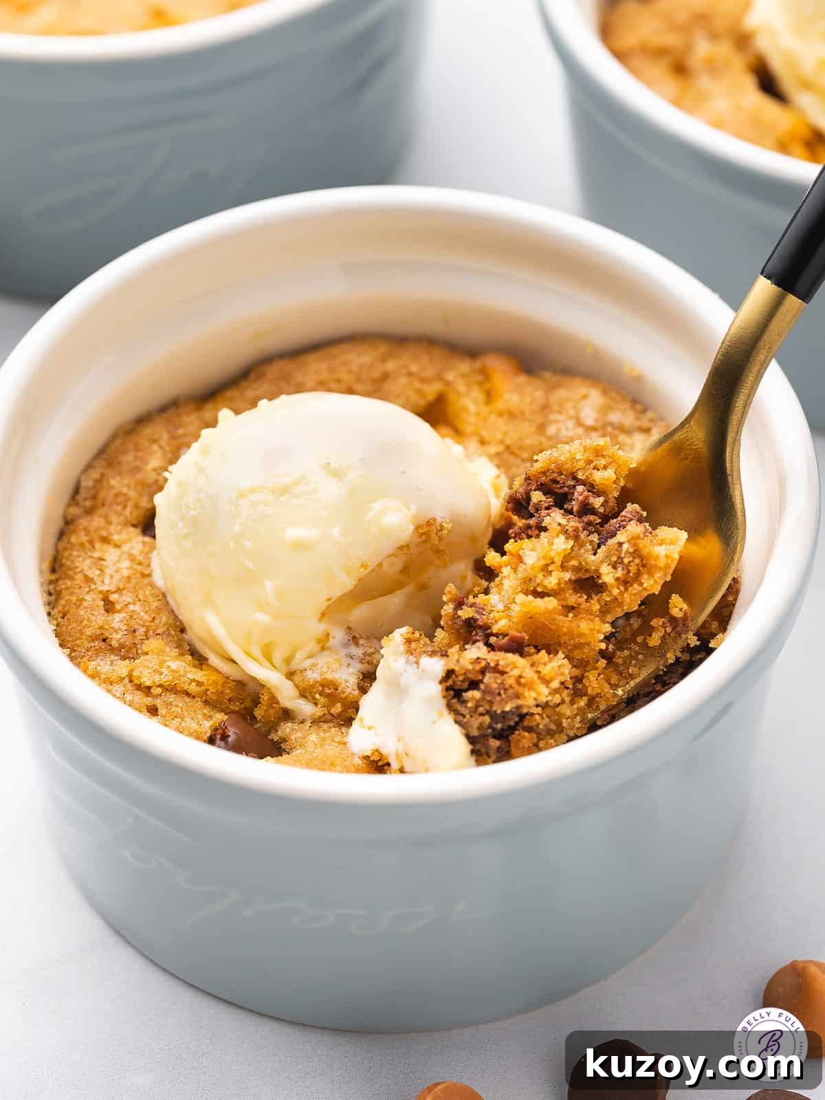 Giant Deep-Dish Chocolate Chip Cookie Recipe 5 spoonful of baked cookie dough with ice cream