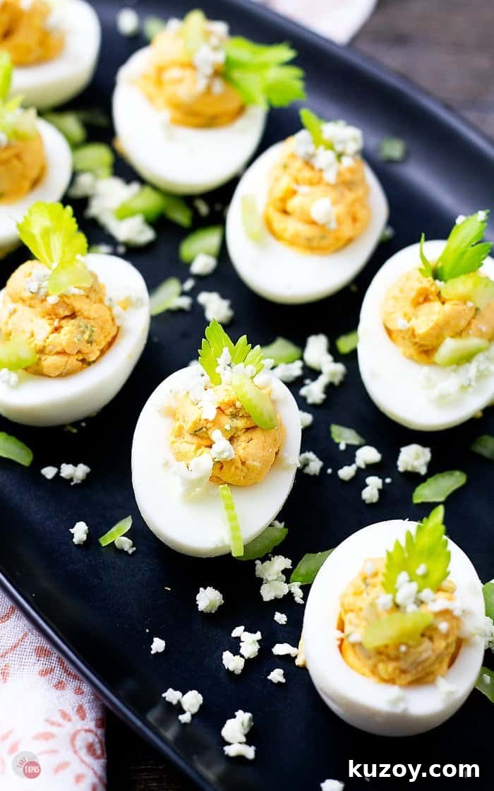 Buffalo Chicken Deviled Eggs Recipe for Game Day or Parties 4 closeup of buffalo eggs