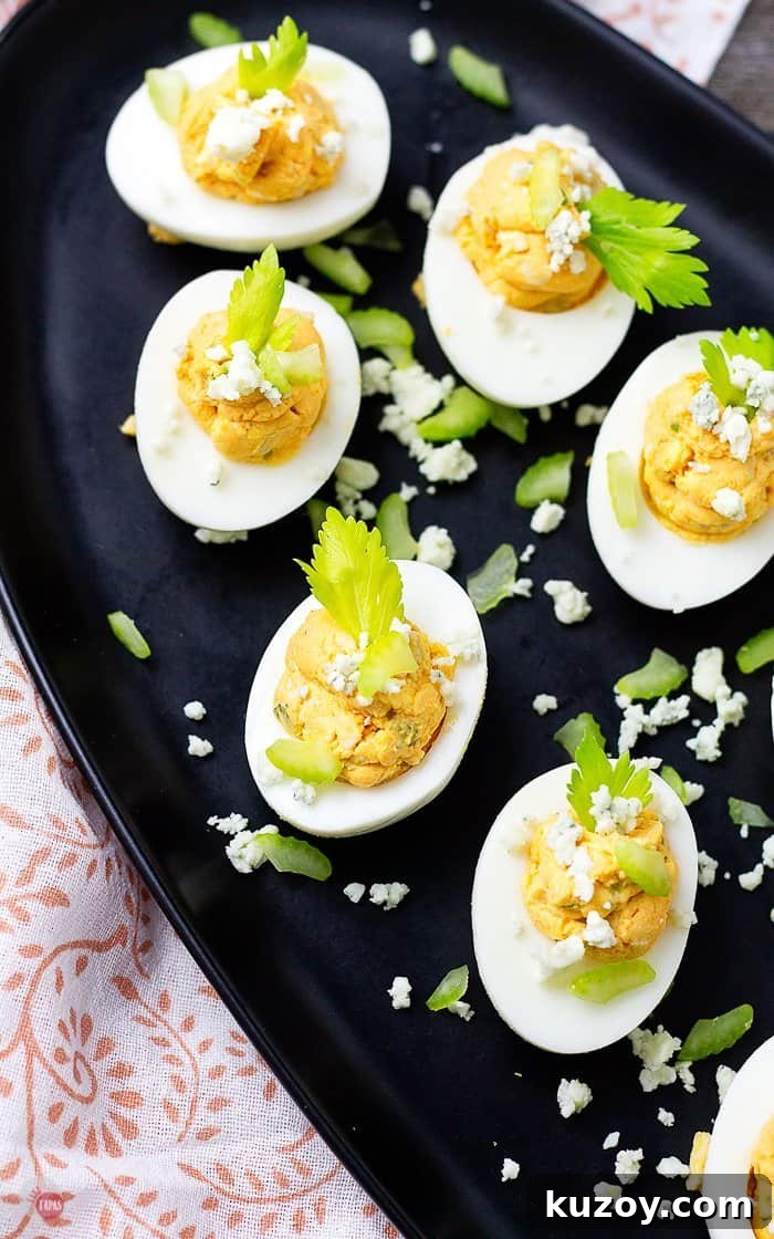 Buffalo Chicken Deviled Eggs Recipe for Game Day or Parties 5 overhead view of buffalo eggs