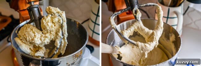 Final batter bowl of dough with hook being scraped by spatula