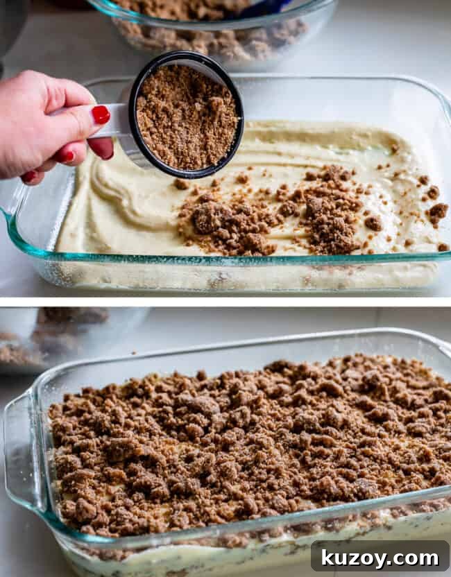 Adding streusel Streusel falling from measuring cup onto coffee cake batter, coffee cake ready to bake in a pan.