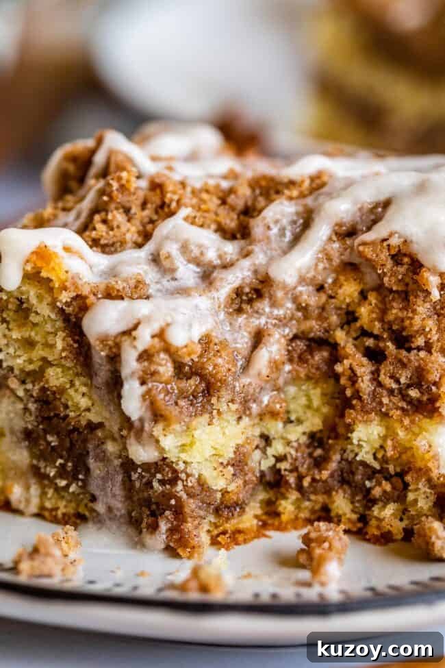 Sour Cream Coffee Cake with lots of streusel Close up of slice of cinnamon streusel coffee cake.